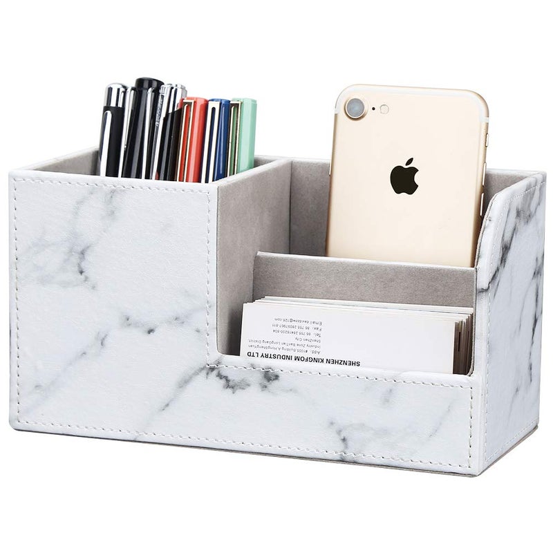 KINGFOM Desk Organizer Office Supplies Caddy Pu Leather Multi-function Storage Box Pen/Pencil,Cell phone, Business Name Cards Remote Control Holder Gray Marble - Image 1